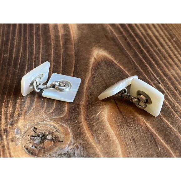 Vintage Men’s Square Mother of Pearl Chain Cufflinks Silver Tone - Picture 5 of 6